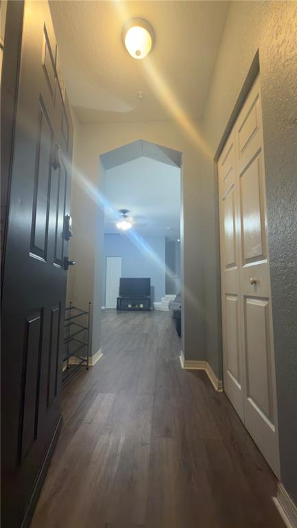 A view from an entryway into a living room with wood-look flooring and arched doorways — 5031 SUNRIDGE PALMS DRIVE, TAMPA, FL