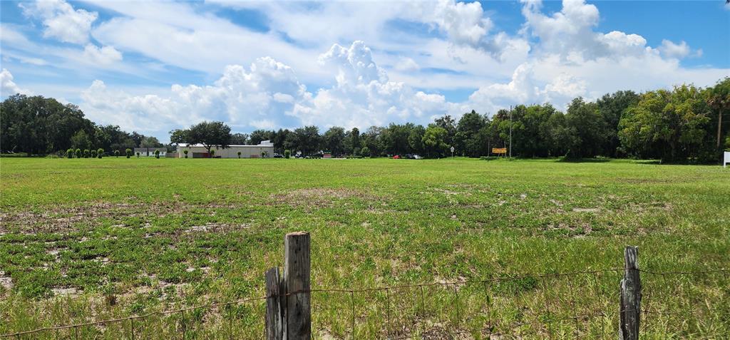 A large, flat, grassy field is enclosed by a wire fence under a cloudy sky — US-17 & 1ST STREET E, PIERSON, FL