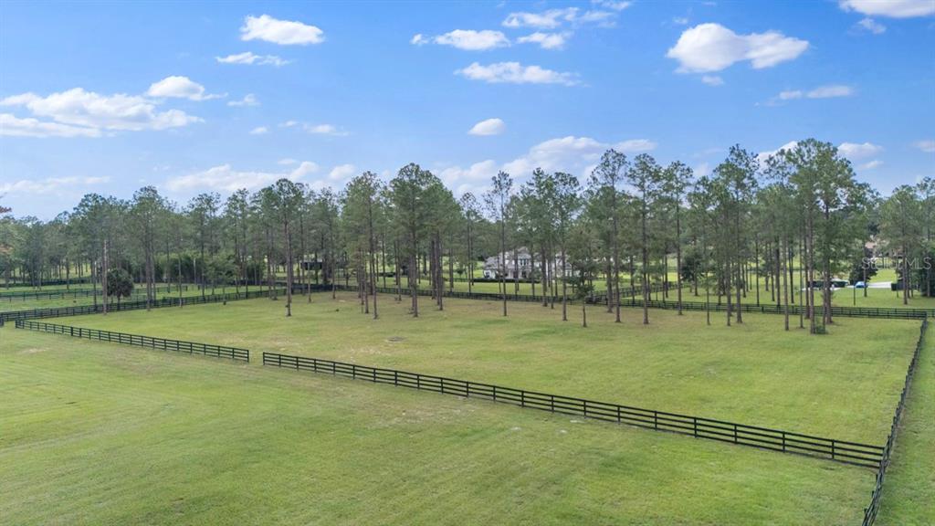 An aerial view shows a dark-roofed house situated on a large, wooded rural lot — 23741 RIDGE LINK ROAD, EUSTIS, FL