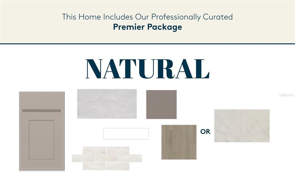 This graphic displays the color palette and material finishes for a home's interior design package — 9036 SW 67TH AVENUE, OCALA, FL