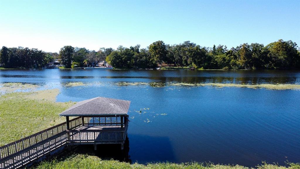 A wooden gazebo sits on a dock extending into a lake with lily pads — 4129 DOLPHIN DRIVE UNIT 1, TAMPA, FL