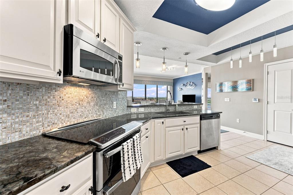 A kitchen features white cabinets, dark granite countertops, stainless steel appliances, and a tiled backsplash — 1209 E CUMBERLAND AVENUE UNIT 1404, TAMPA, FL