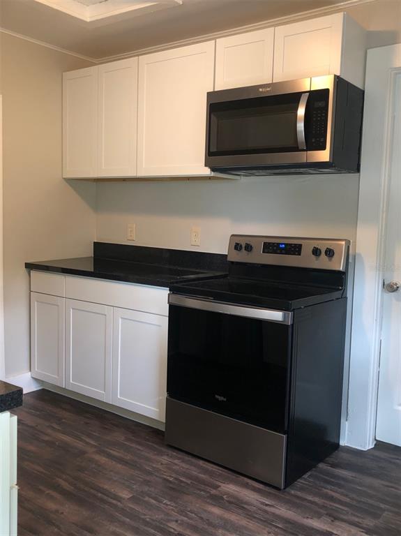 A kitchen features white cabinets, a stainless steel microwave, a black stove, and dark countertops — 309 S PARK AVENUE UNIT U, SANFORD, FL