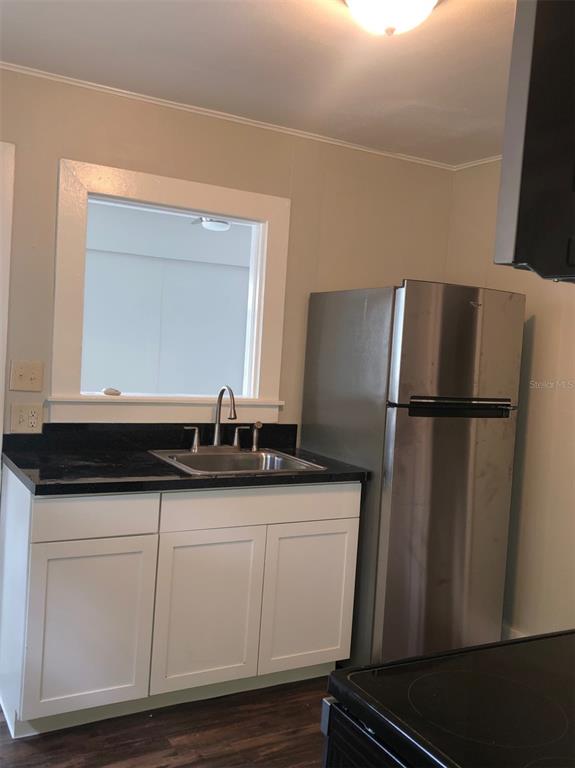 A kitchen features white cabinets, a black countertop, a stainless steel sink, and a refrigerator — 309 S PARK AVENUE UNIT U, SANFORD, FL