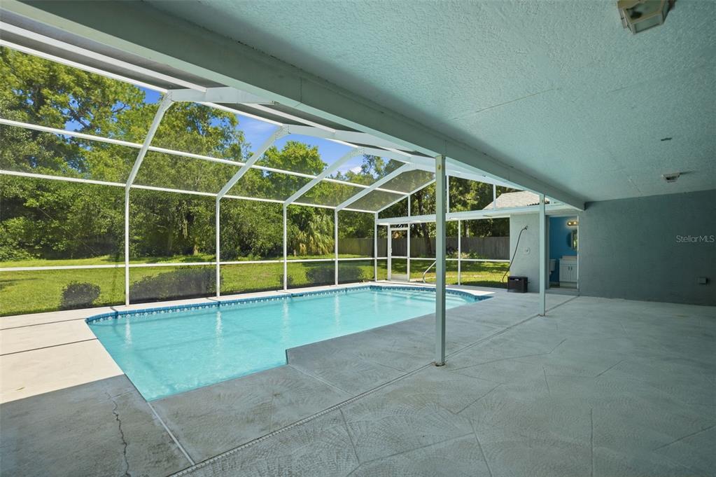 This is a floor plan of a single-story house featuring a pool and screened patio — 18451 WINDING OAKS BOULEVARD, HUDSON, FL