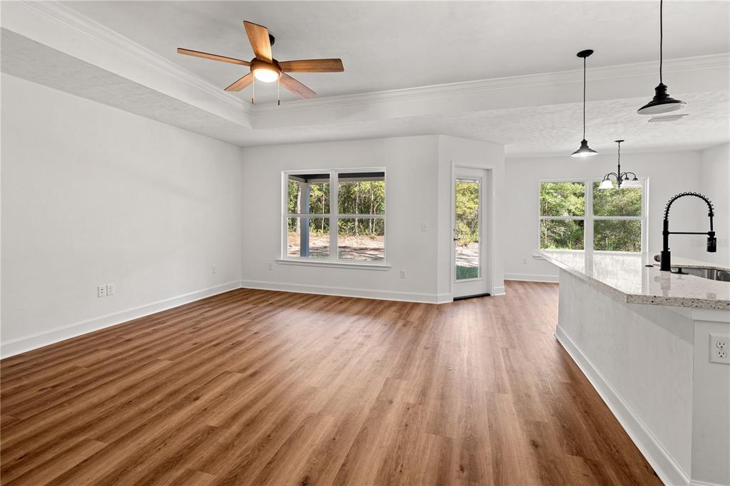 An open-concept living area features wood-look flooring, a tray ceiling with a fan, and windows — 10131 NE 80TH STREET, BRONSON, FL