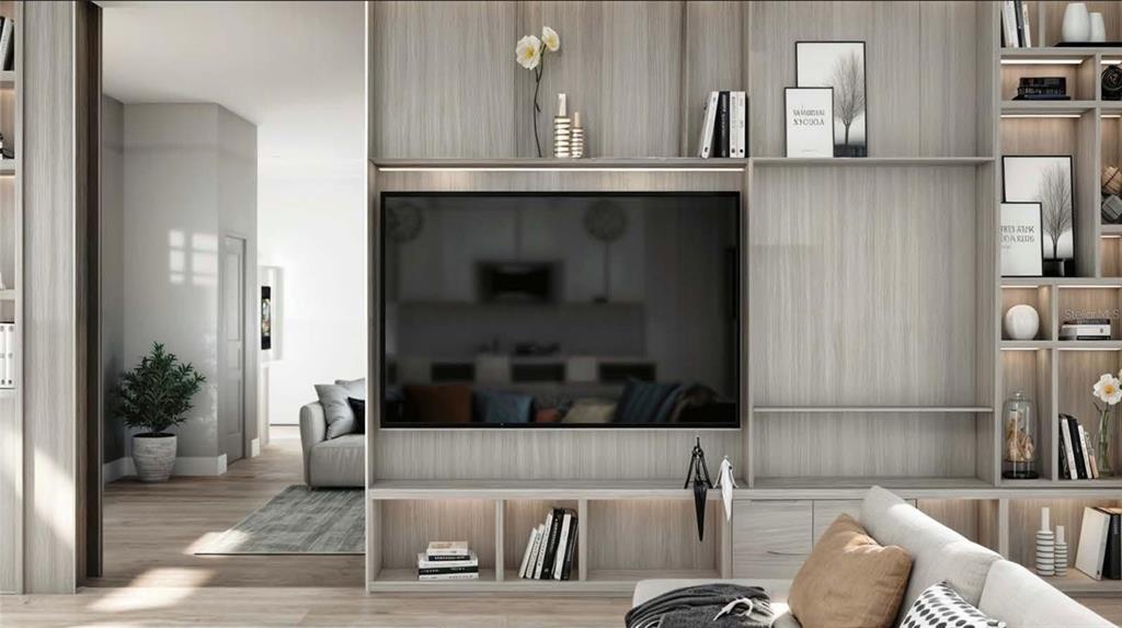 This rendering shows a modern living room with a large wall-mounted television and built-in shelving — 12362 QUAIL ROAD, PLACIDA, FL