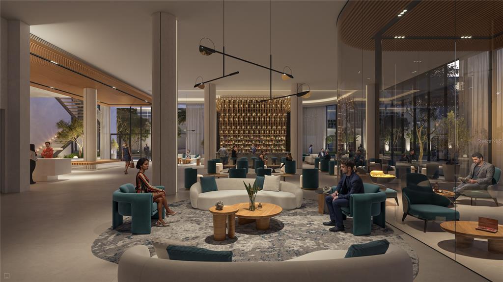 This rendering shows a modern hotel lobby with lounge seating, a bar, and floor-to-ceiling windows — 1101 E JACKSON STREET UNIT 3304, TAMPA, FL