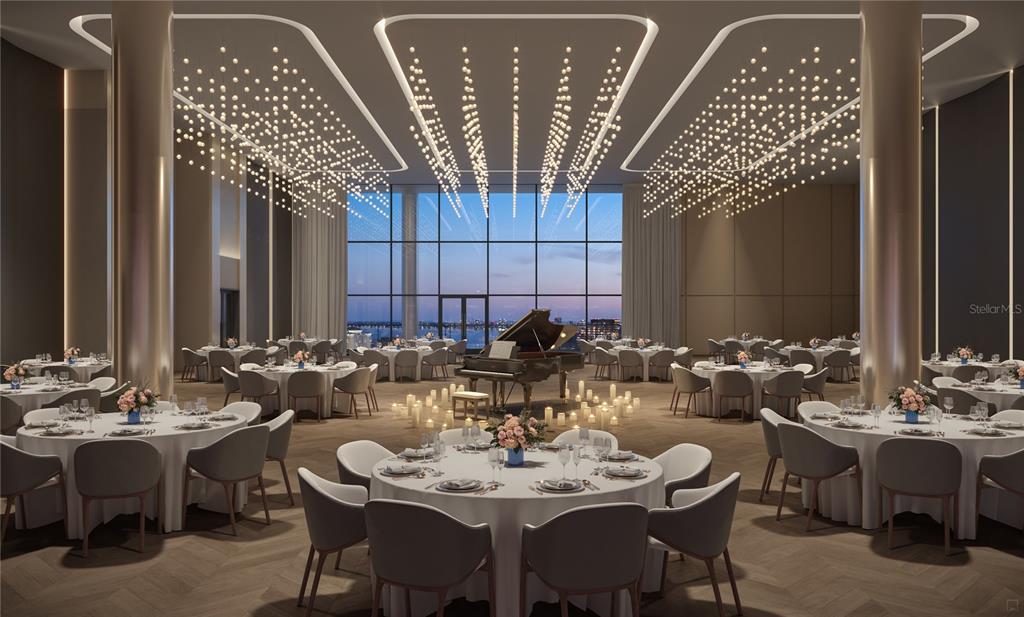 This rendering shows a large, elegant banquet hall featuring round tables, a grand piano, and chandeliers — 1101 E JACKSON STREET UNIT 3304, TAMPA, FL