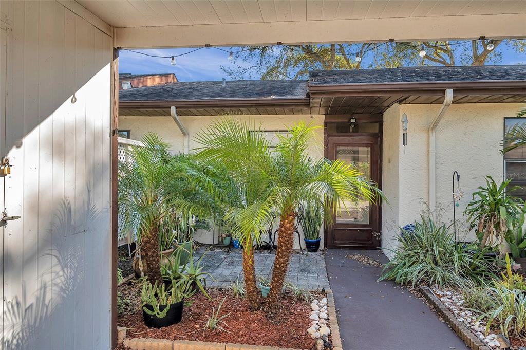 A covered entryway features a paved patio, two small palm trees, and a glass front door — 6421 DREXEL DRIVE UNIT 4, PORT RICHEY, FL