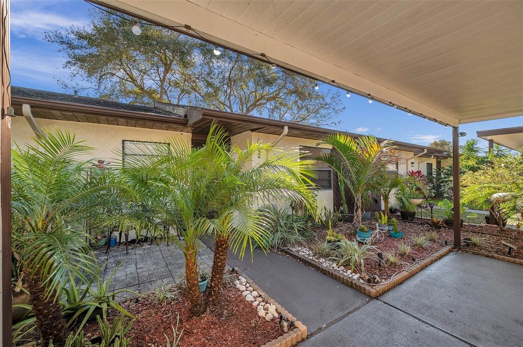 A covered patio area features a paved walkway, landscaping with palm trees, and string lights — 6421 DREXEL DRIVE UNIT 4, PORT RICHEY, FL