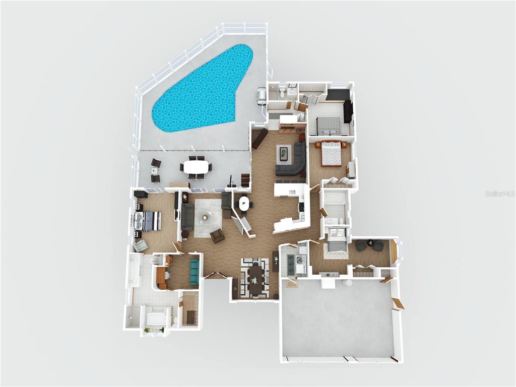 This is a 3D floor plan rendering of a house with an attached swimming pool — 2899 TURTLE TERRACE, PALM HARBOR, FL