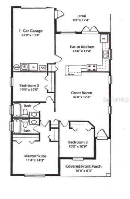 This floor plan shows a three-bedroom home with a garage, lanai, and covered front porch — 13308 AMBER SKY PLACE, RIVERVIEW, FL