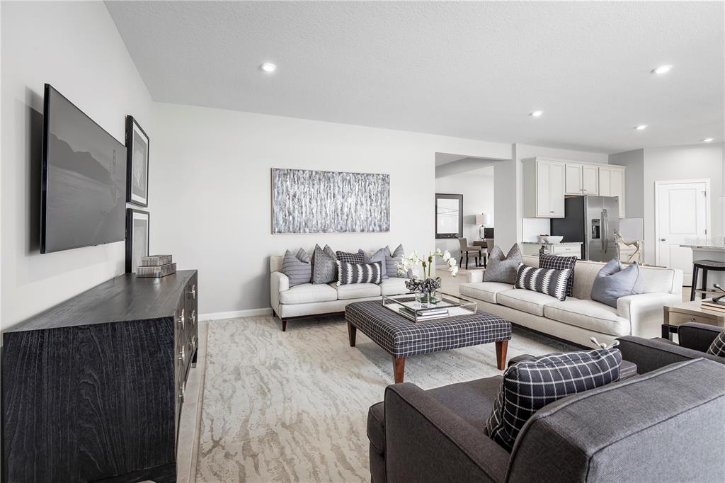 A living room features light-colored sofas, a plaid ottoman, and a dark wood media console — 8466 SWAN VIEW CIRCLE, LEESBURG, FL