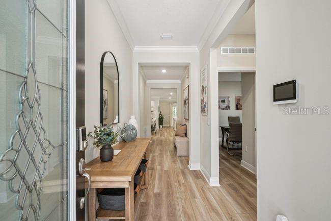 A bright entryway features wood-look flooring, a console table, and a view into the home — 6428 QUARTET STREET, MASCOTTE, FL