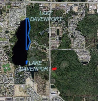 This is an aerial map showing Lake Davenport with highlighted property boundaries — WESTSIDE BOULEVARD, KISSIMMEE, FL