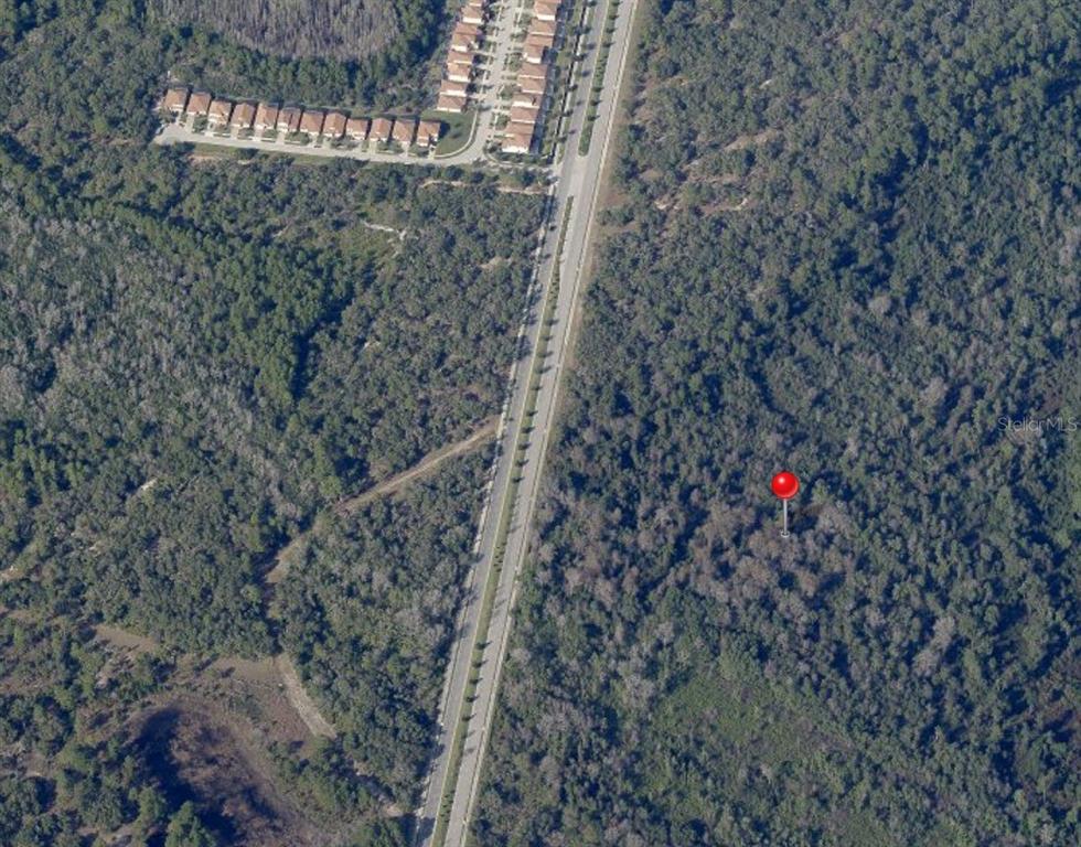 An aerial view shows a red location pin placed in a dense, wooded forest area — WESTSIDE BOULEVARD, KISSIMMEE, FL