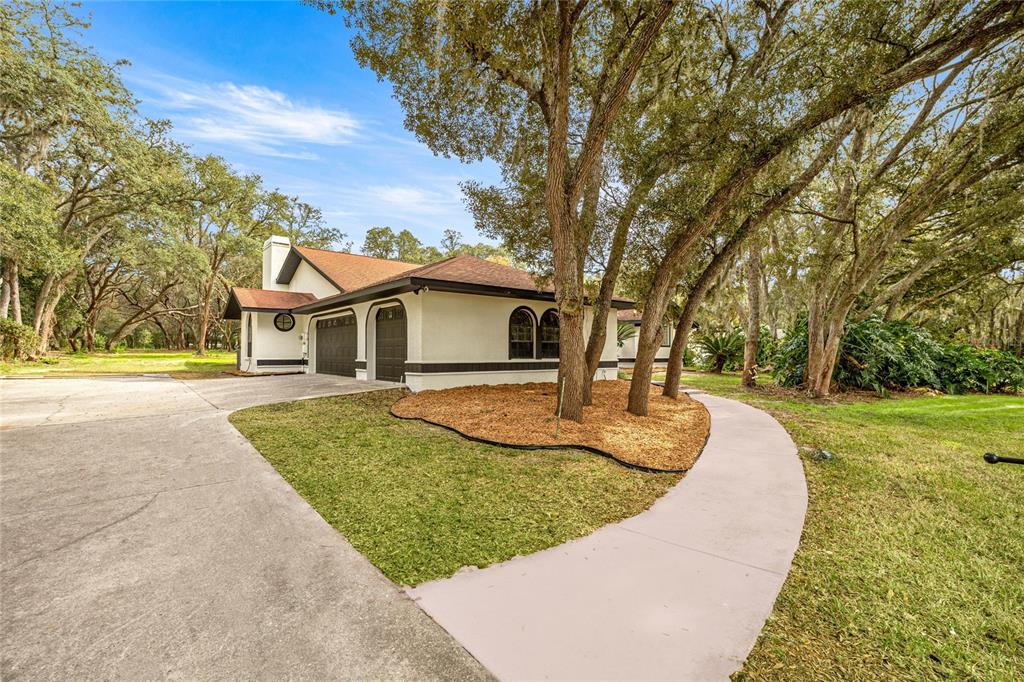 A single-story house with a two-car garage, concrete driveway, and mature trees in the yard — 375 N HIGHVIEW AVENUE, HERNANDO, FL