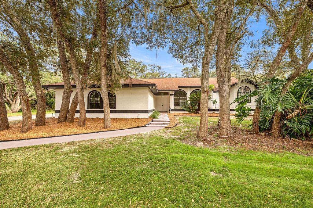 A single-story house with a white stucco exterior, arched windows, and mature trees in front — 375 N HIGHVIEW AVENUE, HERNANDO, FL