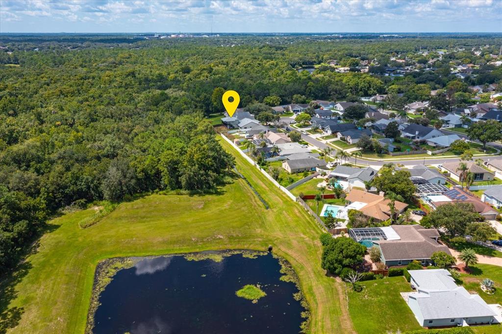 An aerial view shows a suburban neighborhood bordering a large wooded area and a pond — 1006 BECKSTROM DRIVE, OVIEDO, FL