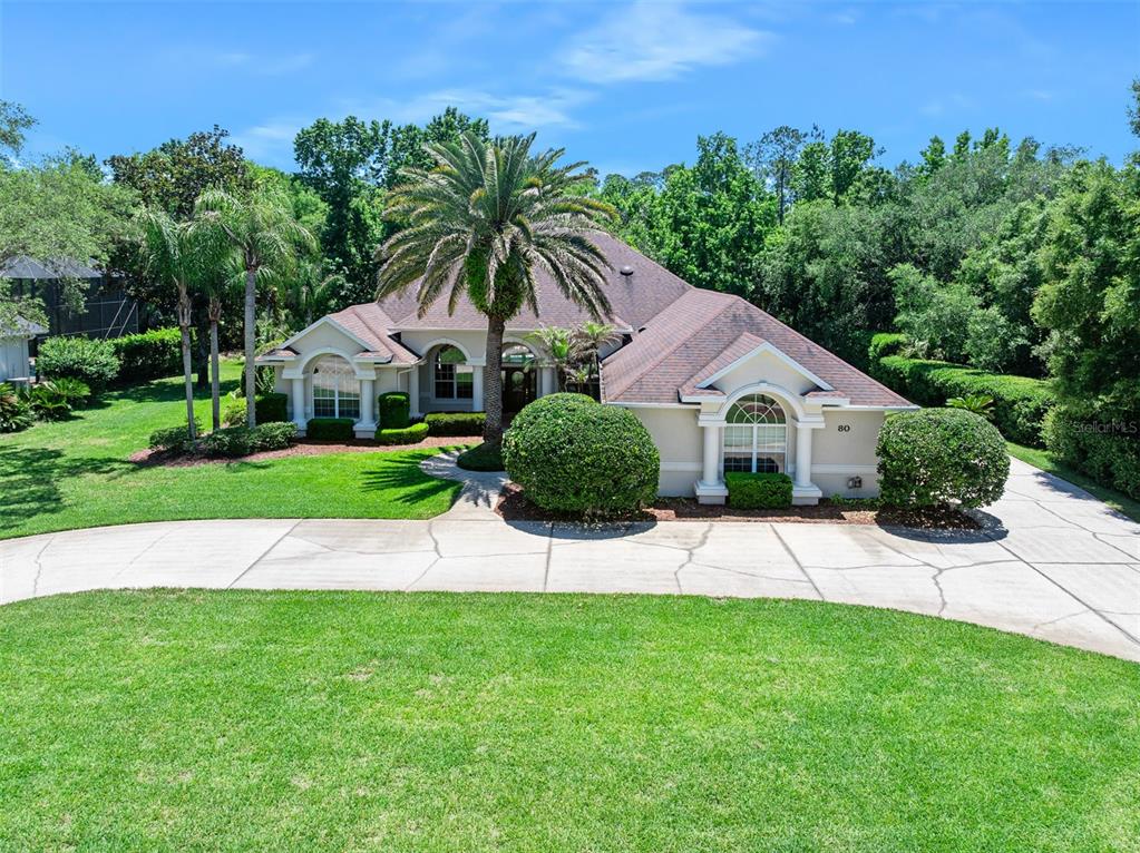 A single-story house with a curved driveway, a large palm tree, and manicured landscaping — 80 FOXCROFT RUN, ORMOND BEACH, FL