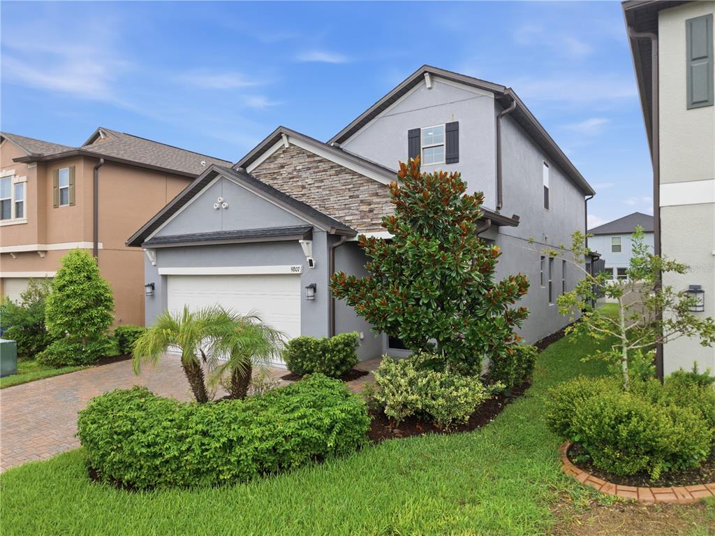 A two-story house with a gray stucco exterior, stone accents, and a paved driveway — 9807 WILD BEGONIA LOOP, LAND O LAKES, FL