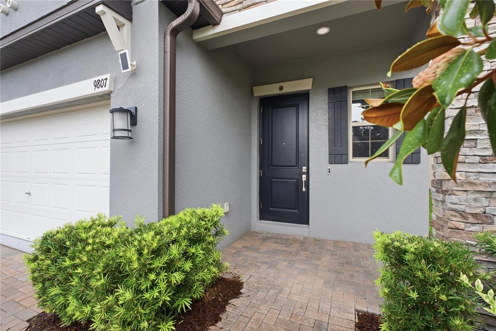 A gray house exterior features a dark front door, a garage, and a paved walkway — 9807 WILD BEGONIA LOOP, LAND O LAKES, FL