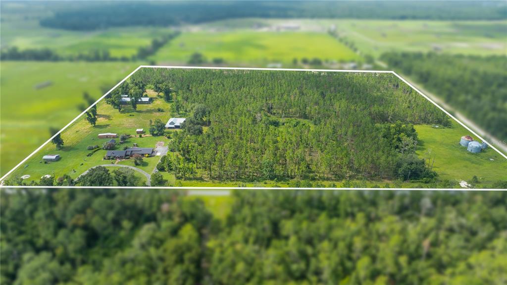 An aerial view shows a rural property with a house, outbuildings, and a wooded area — 19520 168TH STREET, LIVE OAK, FL