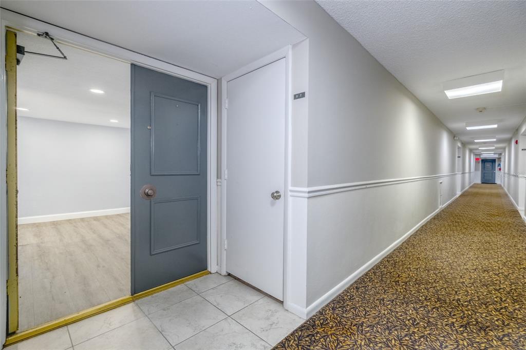 A gray door and a white door open into a hallway with patterned carpet — 220 BELLEVIEW BOULEVARD UNIT 812, BELLEAIR, FL