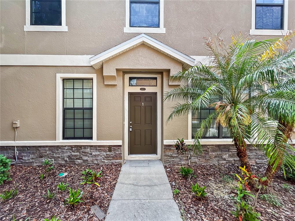 A brown front door with a transom window is centered on a tan stucco exterior — 16615 KINGLETSIDE COURT, LITHIA, FL
