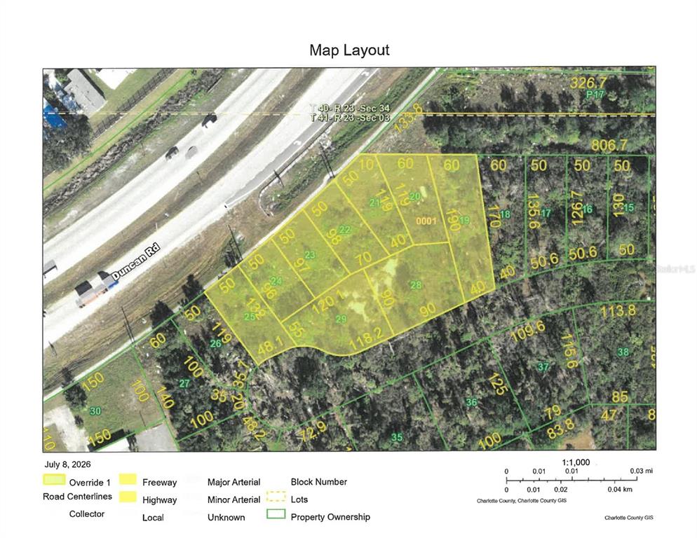 This is a property map showing multiple land lots adjacent to a highway — 27164 27176 27172 & KNOLLWOOD COURT, PUNTA GORDA, FL