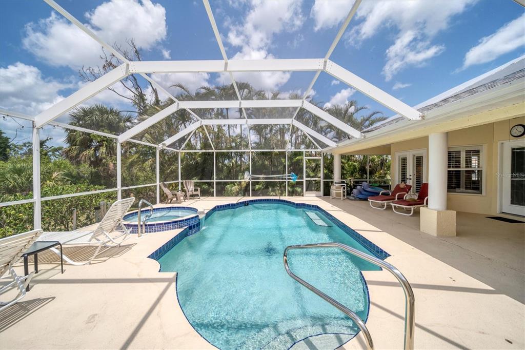 A screened-in pool and hot tub area with a patio and lush tropical landscaping — 36 PINE VALLEY COURT, ROTONDA WEST, FL