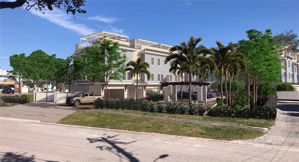 This is a digital rendering of a multi-story residential building with a ground-level parking area — 20 OUTLOOK WAY UNIT 7, DUNEDIN, FL