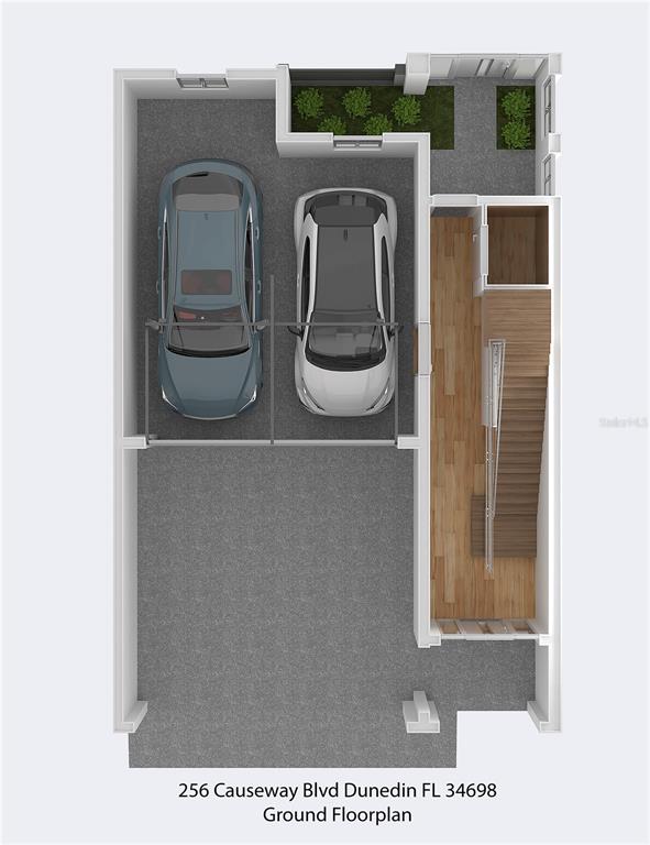 This is a 3D floor plan rendering of a two-car garage with an adjacent staircase — 20 OUTLOOK WAY UNIT 7, DUNEDIN, FL