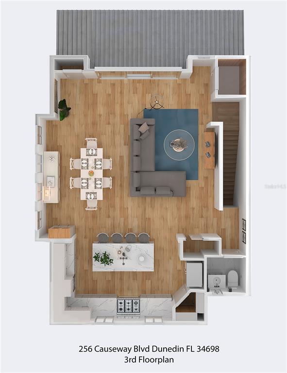 This is a 3D floor plan rendering of an open-concept living, dining, and kitchen area — 20 OUTLOOK WAY UNIT 7, DUNEDIN, FL