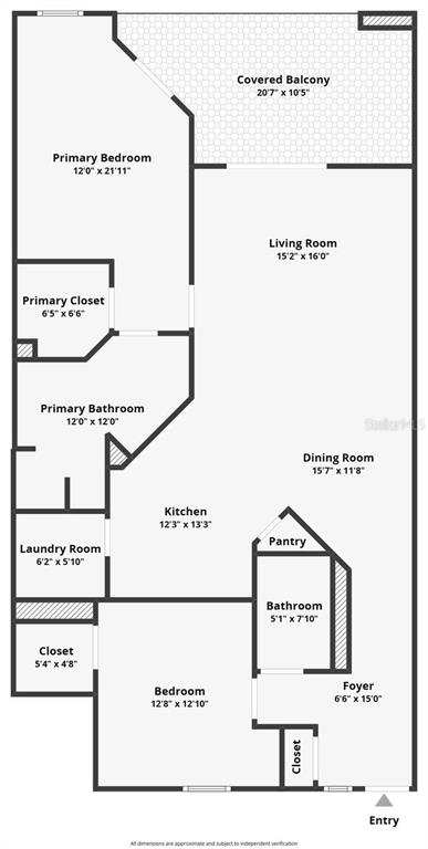 This floor plan shows a two-bedroom, two-bathroom apartment layout with a large covered balcony — 5300 S ATLANTIC AVENUE UNIT 2-502, NEW SMYRNA BEACH, FL