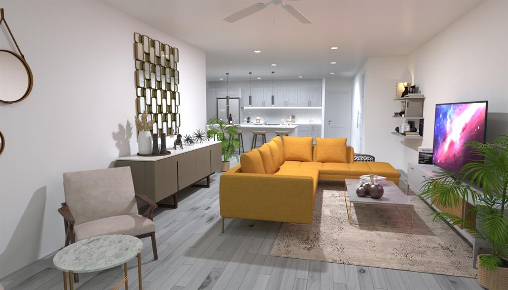 This is a digital rendering of an open-concept living room and kitchen with modern furnishings — 2665 TRAFALGAR BOULEVARD, KISSIMMEE, FL
