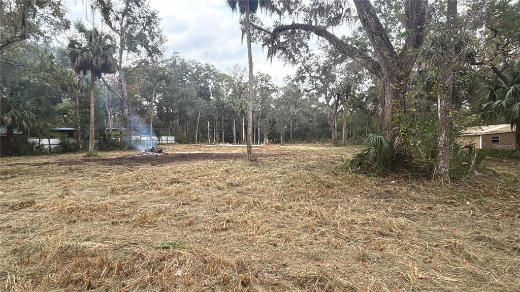 A cleared, grassy lot features scattered trees, a small fire, and a shed on the right — 407 SHEARER STREET, INGLIS, FL