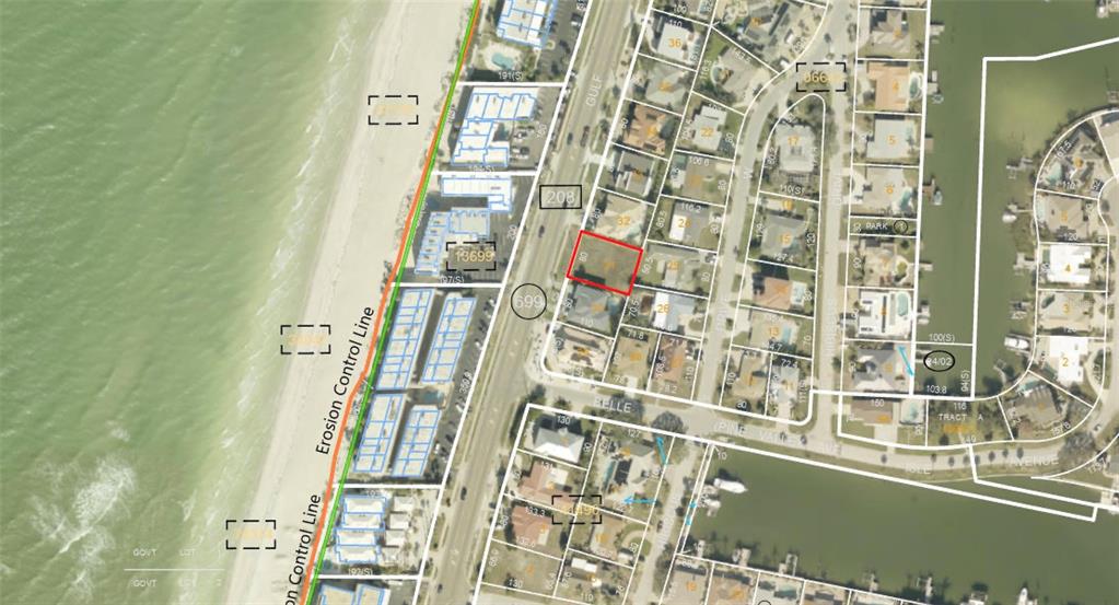 This is an aerial map showing a highlighted property lot located near the coastline — GULF BOULEVARD, BELLEAIR BEACH, FL