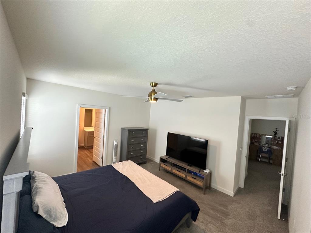 A bedroom features a bed, a dresser, a television on a stand, and two doorways — 17111 BARNWOOD PLACE, BRADENTON, FL