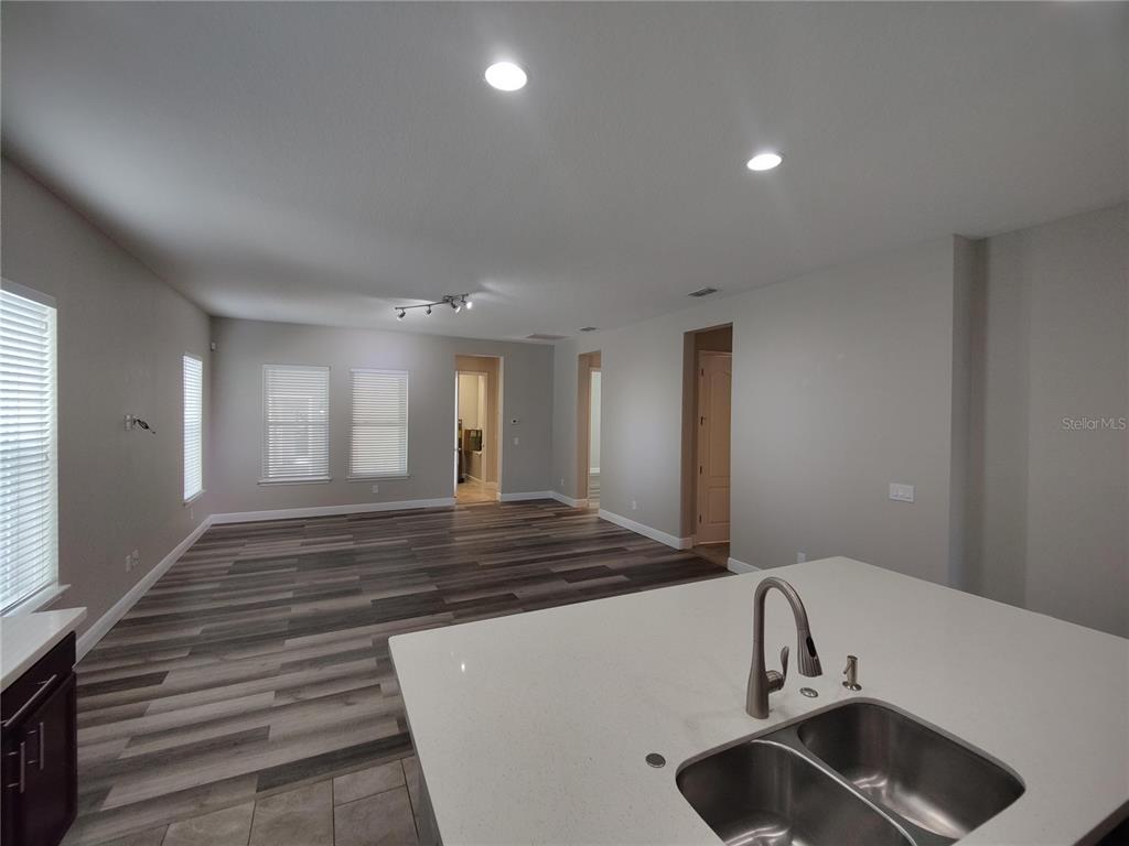A kitchen island with a double sink overlooks an open-concept living area with wood-look flooring — 9042 YONATH STREET, ORLANDO, FL