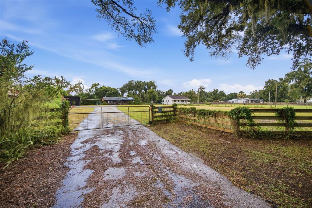 A metal gate opens onto a paved driveway leading toward a house on a rural property — 1810 BLAND WAY, DOVER, FL