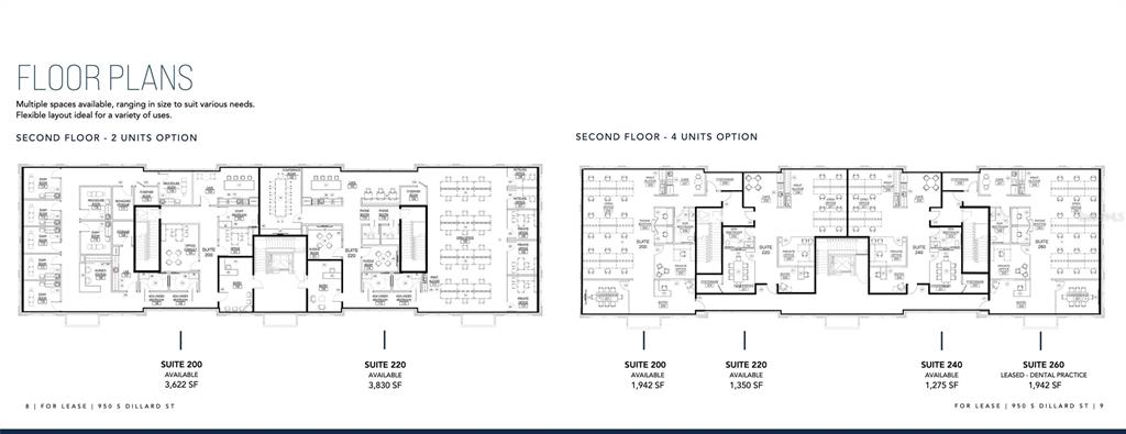 This image displays two floor plan options for a commercial office building's second floor — 950 S DILLARD STREET, WINTER GARDEN, FL