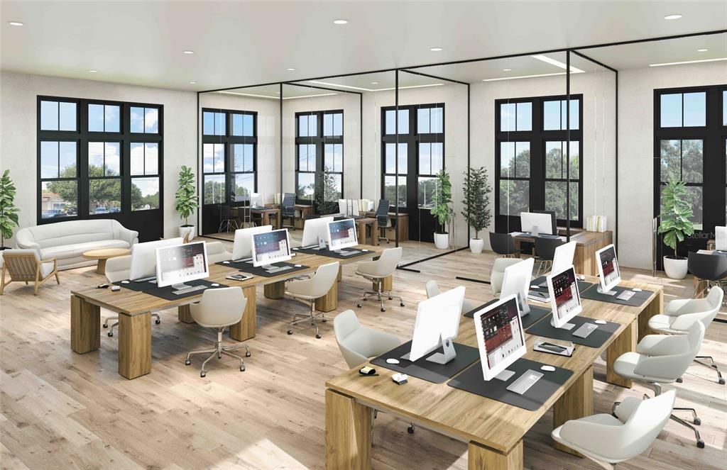 This rendering shows a modern office space with wooden desks, white chairs, and large windows — 950 S DILLARD STREET, WINTER GARDEN, FL