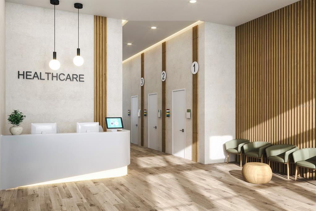 This rendering shows a modern healthcare reception area with a white desk and numbered doors — 950 S DILLARD STREET, WINTER GARDEN, FL