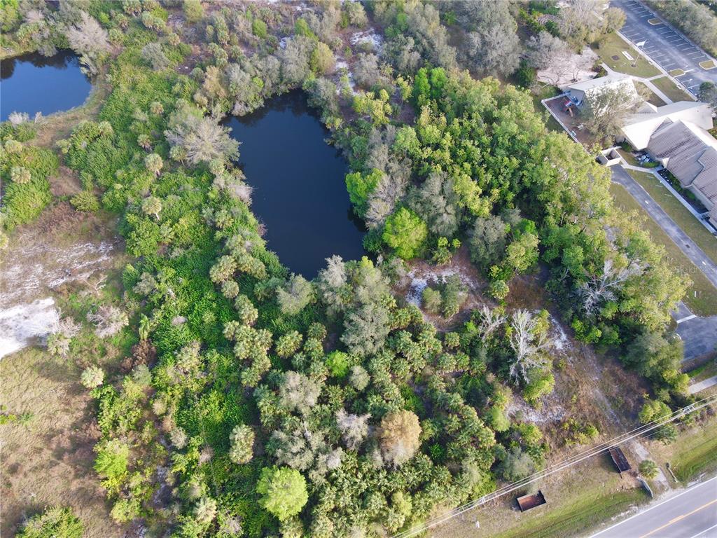 An aerial view shows a wooded lot with a pond and nearby residential buildings — E VENICE AVENUE, VENICE, FL