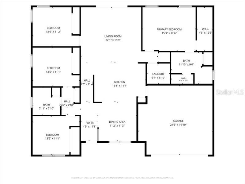 This is a floor plan showing a house with four bedrooms, a garage, and open living — 1720 LADY FERN TRAIL, DELAND, FL