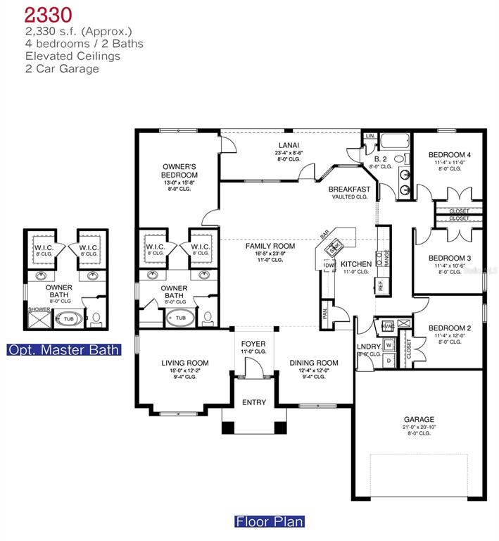 This floor plan shows a four-bedroom, two-bathroom house with a two-car garage and lanai — 2 TEE VIEW ROAD, ROTONDA WEST, FL