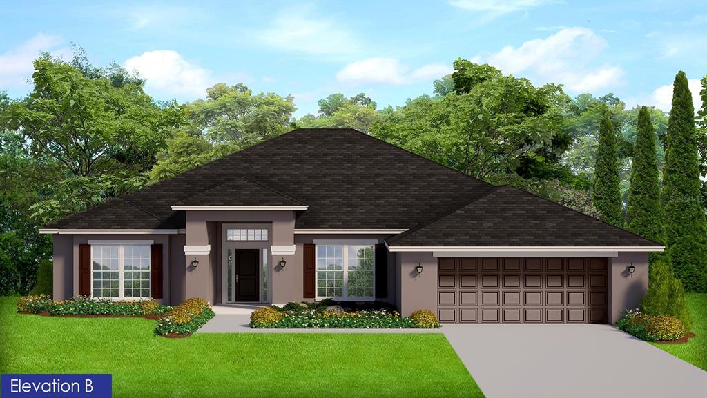 A digital rendering of a single-story house exterior with a dark roof and gray stucco — 2 TEE VIEW ROAD, ROTONDA WEST, FL