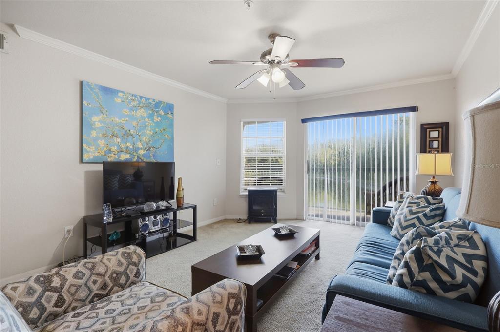 A living room features a blue sofa, a coffee table, a television, and a ceiling fan — 4201 WOODSTORKS WALK WAY UNIT 3210, LUTZ, FL